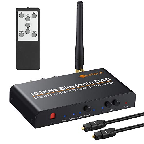 Neoteck 192kHz Digital a Analógico Convertidor con Bluetooth 5.0 Digital Coaxial Toslink a Analógico Estéreo L/R RCA con 3.5mm Jack Compatible con aptX Soporte Volumen de Control Remoto IR