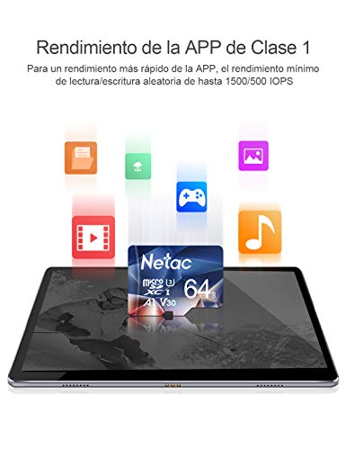Netac Tarjeta de Memoria de 64GB, Ultra Tarjeta Memoria microSDXC, hasta 100 MB/s, Rendimiento de apps A1, U3, C10, V30, 4K, 667X, UHS-I