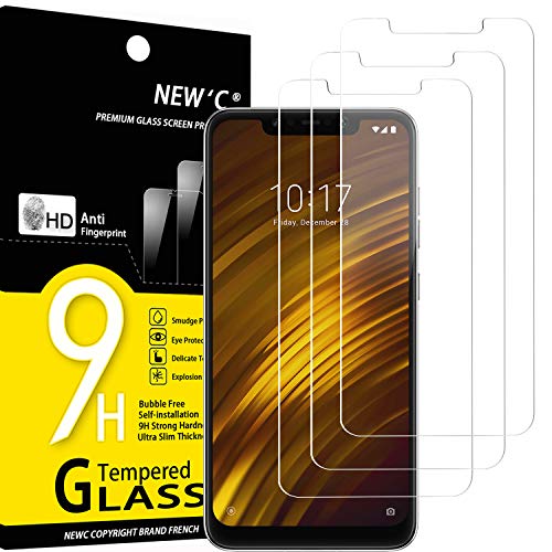 NEW'C 3 Unidades, Protector de Pantalla para Xiaomi Pocophone F1, Antiarañazos, Antihuellas, Sin Burbujas, Dureza 9H, 0.33 mm Ultra Transparente, Vidrio Templado Ultra Resistente