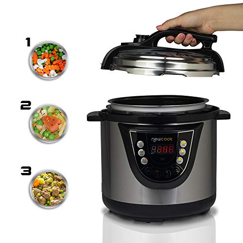NEWCOOK Olla Programable Newcook 3D Ollas a Presión Eléctrica, 10 Menús, 1000W, Capacidad 6L, Programable 24 h, Preserva el Calor, Efecto Presurización, Sistema Duopresión, Cubeta 100% Antiadherente