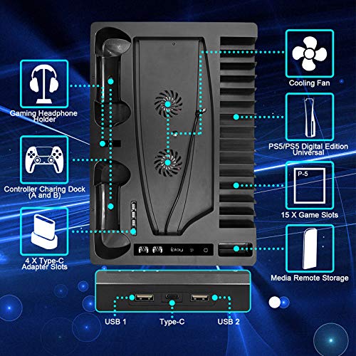 NEWZEROL Soporte compatible con para PS5, con ventilador de refrigeración y estación de carga para controlador PS5, soporte vertical para auriculares, con almacenamiento de 15 discos de juegos - Negro
