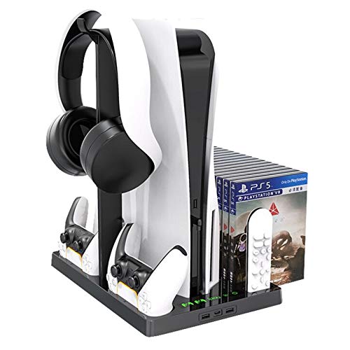 NEWZEROL Soporte compatible con para PS5, con ventilador de refrigeración y estación de carga para controlador PS5, soporte vertical para auriculares, con almacenamiento de 15 discos de juegos - Negro