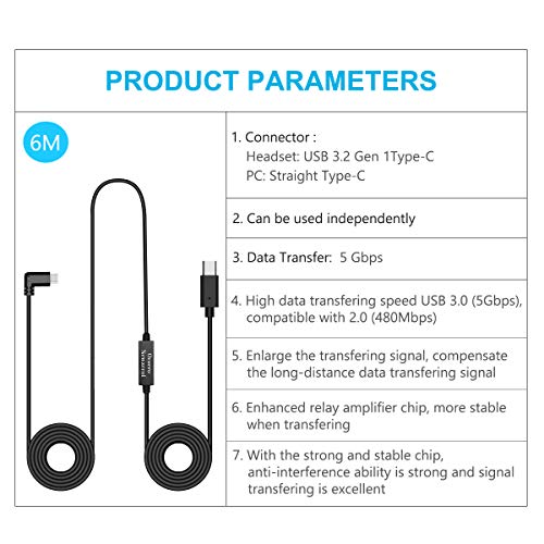 NEWZEROL Total 6M / 20Ft Tipo C Cable de Datos Estable Compatible para Oculus Quest 2 Link Steam VR, Cable de Extensión con Chip Amplificador de Relé y Cable USB 3.2 Gen 1 (Sólo Cable)