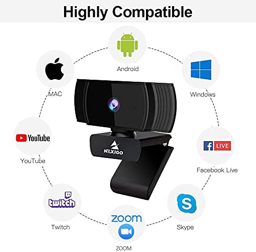 NexiGo 2021 1080p Webcam con Micrófono Estéreo, Enfoque Automático y Cubierta de Privacidad, N930AF USB Cámara Web para Streaming en Vivo, Compatible con Zoom/Skype/Teams, Mac Portátil y Computadora
