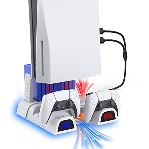 NexiGo Soporte Vertical con Iluminación LED Ventiladores de Refrigeración y Estación de Carga de Dontrolador Dual para Consola PS5, Soporte Multifuncional, 10 Ranuras para Juegos, Blanco