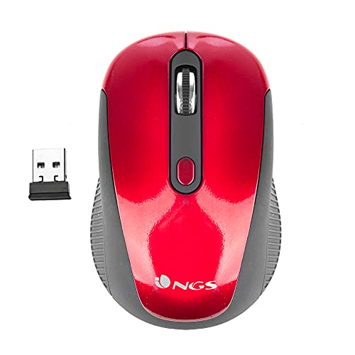 NGS HAZE RED - Ratón Óptico Inalámbrico 2.4GHz, Ratón USB para Ordenador o Laptop con 3 Botones y Scroll Metálico, 800/1600dpi, Rojo
