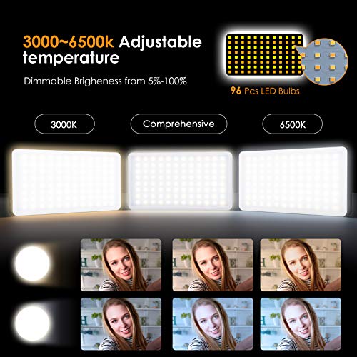 NinkBox Luz LED Cámara, luz de vídeo, 96 LED Regulables superluminosos 3000K-6500K, CRI 95+, lámpara de luz fotográfica portátil para videocámaras DSLR, fotografía, batería incorporada de 4000 mAh