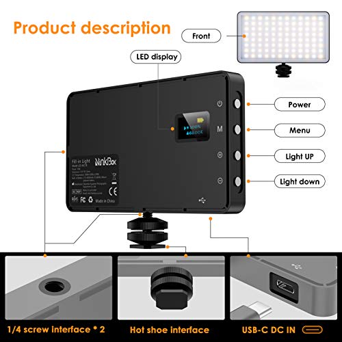 NinkBox Luz LED Cámara, luz de vídeo, 96 LED Regulables superluminosos 3000K-6500K, CRI 95+, lámpara de luz fotográfica portátil para videocámaras DSLR, fotografía, batería incorporada de 4000 mAh