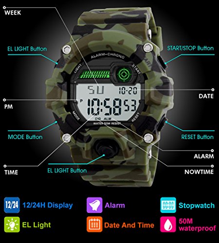 Niños de los Relojes Digitales, niños Deporte Militar Relojes con Alarma/Temporizador/Resistente a Golpes,Niños 5 Bares Resistente al Agua Camuflaje electrónica Relojes de Pulsera para niños Hombre