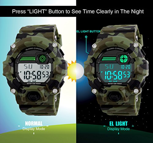 Niños de los Relojes Digitales, niños Deporte Militar Relojes con Alarma/Temporizador/Resistente a Golpes,Niños 5 Bares Resistente al Agua Camuflaje electrónica Relojes de Pulsera para niños Hombre