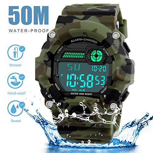 Niños de los Relojes Digitales, niños Deporte Militar Relojes con Alarma/Temporizador/Resistente a Golpes,Niños 5 Bares Resistente al Agua Camuflaje electrónica Relojes de Pulsera para niños Hombre
