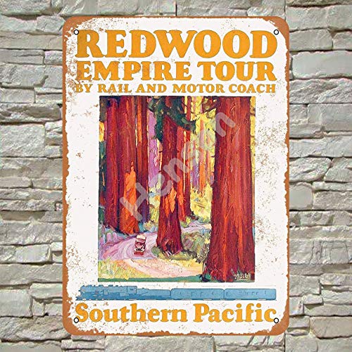 No/Brand 1928 Southern Pacific Railroad to Redwood Empire Tour Cartel de Chapa Metal Advertencia Placa de Chapa de Hierro Retro Cartel Vintage para Dormitorio Pared Familiar Aluminio Arte Decoración
