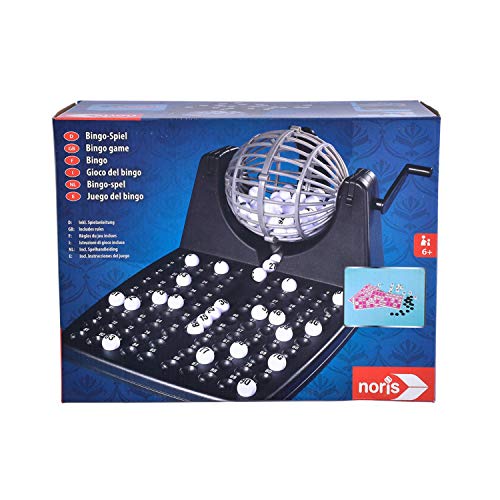 Noris 606150493 - Tambor de Bingo, Incluye fichas, 90 Bolas y 12 cartones de Bingo, Juego de acción para Toda la Familia, para niños a Partir de 6 años.