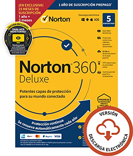 Norton 360 Deluxe 2022 - Antivirus software para 5 Dispositivos y 15 meses de suscripción con renovación automática, Secure VPN y Gestor de contraseñas, para PC, Mac tableta y smartphone