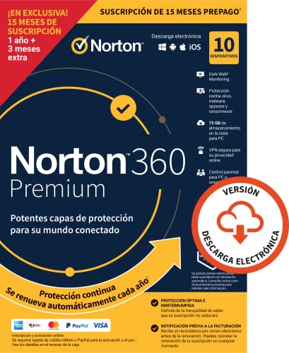 Norton 360 Premium 2022 - Antivirus software para 10 Dispositivos y 15 meses de suscripción con renovación automática, Secure VPN y Gestor de contraseñas, para PC, Mac tableta y smartphone