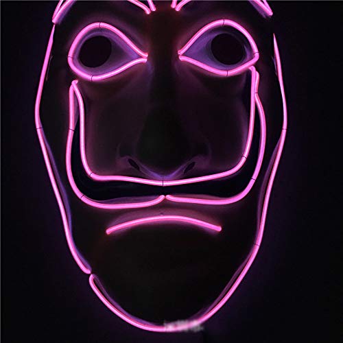 Nuevo EL Neon LED Halloween Mask EL Wire Glow Cosplay Dali Mask Payday Night Club Decor Carnaval Light Up Máscaras EL,Rosado