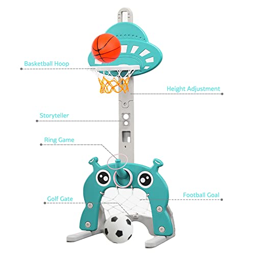 Nukdey Juego de canastas 4 en 1 para niños - Juego de Deportes: Baloncesto | Fútbol | Lanzamiento del Anillo | Golf | Actividad para niños pequeños: niños y niñas (Verde)