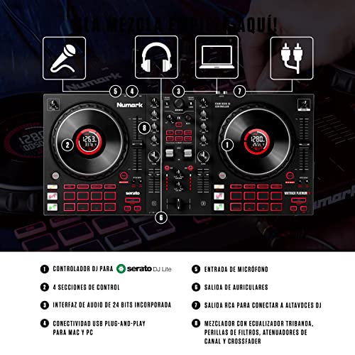 Numark Mixtrack Platinum FX - Controlador DJ para Serato DJ con control de 4 secciones, mezclador DJ, interfaz de audio incorporada, pantallas en las ruedas de selección y paletas de efectos