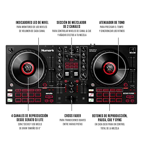 Numark Mixtrack Platinum FX - Controlador DJ para Serato DJ con control de 4 secciones, mezclador DJ, interfaz de audio incorporada, pantallas en las ruedas de selección y paletas de efectos