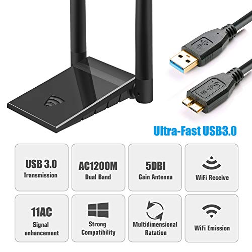Oacvien WiFi USB Antena Dongle Adaptador PC 5GHz/867Mbps 2.4GHz/300Mbps AC 1200Mbps Doble Banda Dual 6dBi para Windows XP/Vista/7/8/10 Mac OS con Cable Extensión