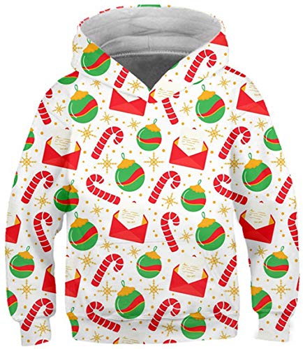 Ocean Plus Niño Sudadera con Capucha de Navidad Niñas Sudadera de Manga Larga de Navidad Suéter de Navidad (M (Altura: 115-125cm), Bolas de Navidad y Bastones de Caramelo)