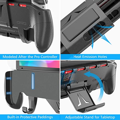 OIVO Switch Grip con Soporte Ajustable Compatible con Nintendo Switch/Switch Modelo OLED, Estuche Ergonómico de Agarre Asimétrico con 5 Ranuras para Juegos y 4 Tapas para el Pulgar - Negro