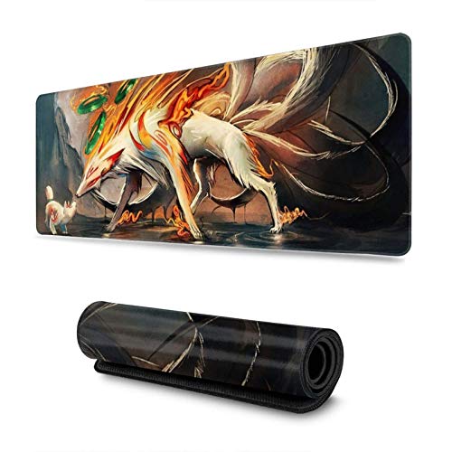 Okami Anime Alfombrilla de ratón profesional grande para juegos, alfombrilla de escritorio de tamaño extendido, base de goma antideslizante con bordes cosidos para computadora, PC y computadora portát