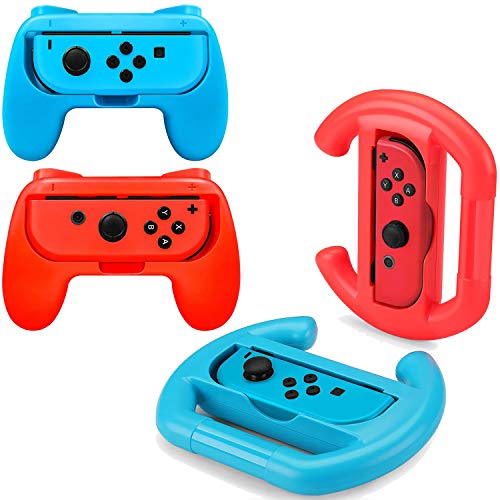 OLDZHU Volantes y Grip Switch Joy-con Compatible Con Nintendo Switch, Switch Joy-con Racing Wheel Volante para Mario kart 8, Mandos Grip Joy-con para entretenimiento en casa（4 Piezas,rojo y azul）