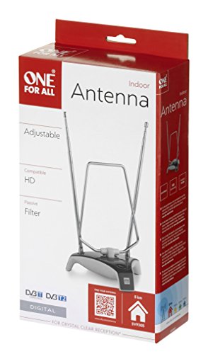 One For All SV9305, Antena de TV para Interior Amplificada, Recibe TDT en un rango de 5km, Antena HDTV Digital, Incluye Cable Coaxial de Alto Rendimiento, VHF/UHF, gris