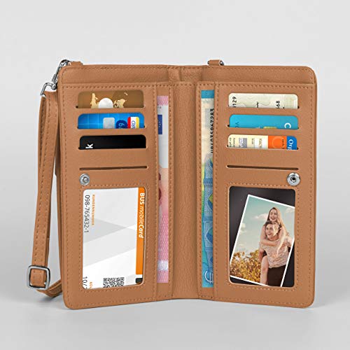 ONEFLOW Bolso bandolera para mujer, pequeño, compatible con todos los teléfonos BQ, funda para el hombro con cartera, piel vegana, color marrón