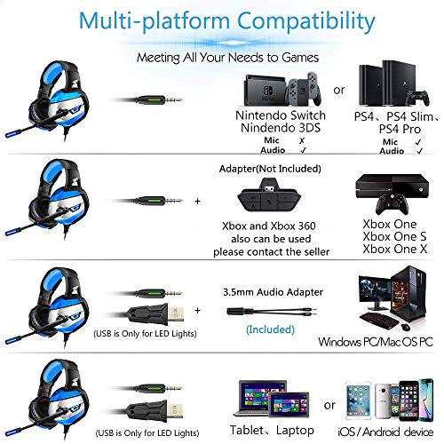 ONIKUMA Auriculares para juegos para PS4, Xbox One, Nintendo Switch, PC. Auriculares para juegos con sonido envolvente 7.1 estéreo, luces LED, cancelación de ruido y micrófono
