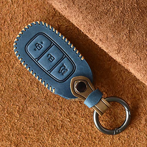 ontto Funda protectora para llave con mando a distancia de 3 botones para Hyundai Veloster Kona Solaris i30 IX35 Santa Fe Azera de vacuno. Funda protectora para llavero-azul