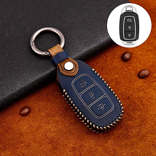 ontto Funda protectora para llave con mando a distancia de 3 botones para Hyundai Veloster Kona Solaris i30 IX35 Santa Fe Azera de vacuno. Funda protectora para llavero-azul