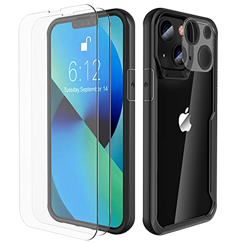 ORETECH Funda Transparente para iPhone 13, con [2x Vidrio Cristal Templado y 1x Cámara Protector de Pantalla] Antichoque Bumper Hard PC Carcasa Anti-Arañazos Airbag Caso Case para iPhone 13 6.1"-Negro