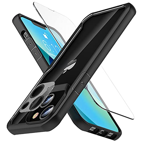 ORETECH Funda Transparente para iPhone 13, con [2x Vidrio Cristal Templado y 1x Cámara Protector de Pantalla] Antichoque Bumper Hard PC Carcasa Anti-Arañazos Airbag Caso Case para iPhone 13 6.1"-Negro