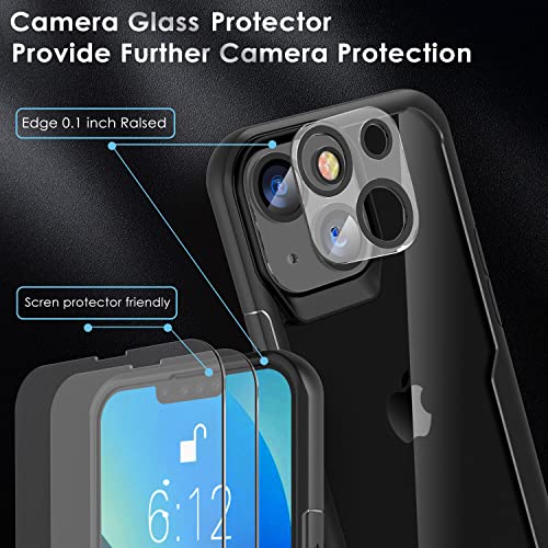ORETECH Funda Transparente para iPhone 13, con [2x Vidrio Cristal Templado y 1x Cámara Protector de Pantalla] Antichoque Bumper Hard PC Carcasa Anti-Arañazos Airbag Caso Case para iPhone 13 6.1"-Negro