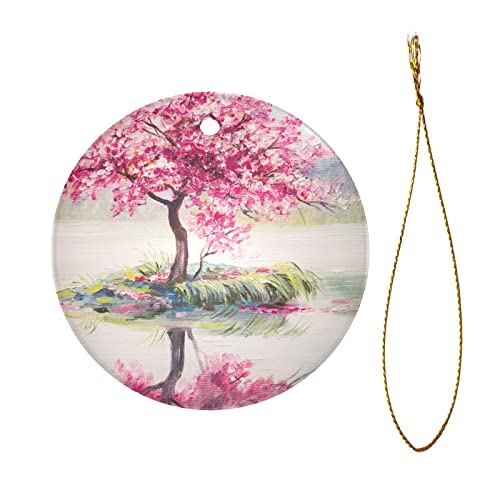 Ornaments For Christmas Tree Oil Painting Landscape with Oriental Cherry Tree Ornaments For Christmas Tree Circle Bauble Hanging Ceramic Ornaments For Crafts Two-Sided Painted For Holiday Friends