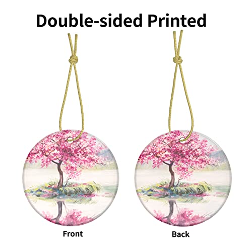 Ornaments For Christmas Tree Oil Painting Landscape with Oriental Cherry Tree Ornaments For Christmas Tree Circle Bauble Hanging Ceramic Ornaments For Crafts Two-Sided Painted For Holiday Friends