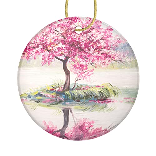 Ornaments For Christmas Tree Oil Painting Landscape with Oriental Cherry Tree Ornaments For Christmas Tree Circle Bauble Hanging Ceramic Ornaments For Crafts Two-Sided Painted For Holiday Friends