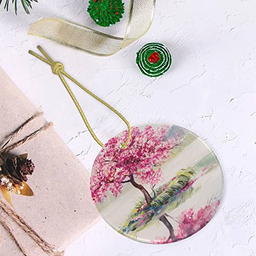 Ornaments For Christmas Tree Oil Painting Landscape with Oriental Cherry Tree Ornaments For Christmas Tree Circle Bauble Hanging Ceramic Ornaments For Crafts Two-Sided Painted For Holiday Friends