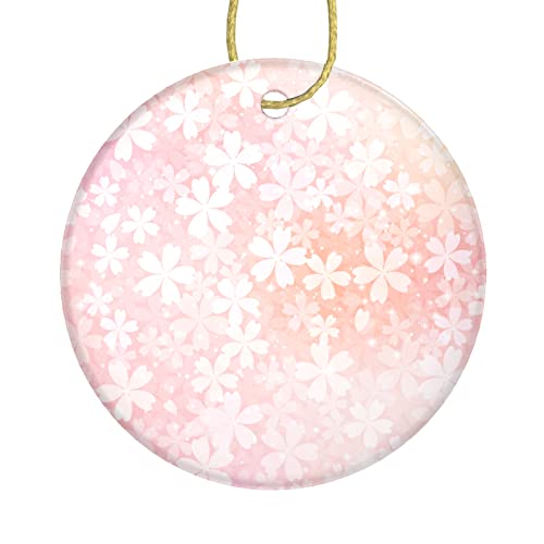 Ornaments For Christmas Tree Pseudo Glitter Effect Romantic Pink Cherry Blossom Ornaments Christmas Circle Bauble Hanging Ornaments For Christmas Trees Two-Sided Painted For Holiday Friends Gift