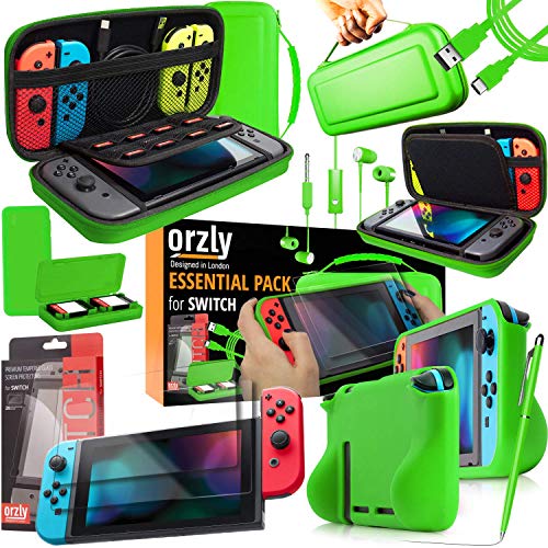 Orzly Accesorios para Nintendo Switch (Incluye: Protectores de Pantalla, Cable USB, Funda para Consola, Estuche Tarjetas de Juego, Comfort Grip para los mandos JoyCon, Auriculares) Verde