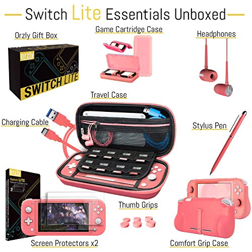 Orzly Accesorios para Nintendo Switch Lite – Pack Incluye: Protectores de Pantalla & Funda para Switch Lite Consola, Funda Comfort Grip, Cable USB, Auriculares y más. (Coral)