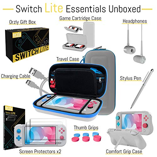 Orzly Paquete de Accesorios para Nintendo Switch Lite – Incluye: Protectores de Pantalla & Funda para Switch Lite Consola, Funda Comfort Grip, Cable USB, Auriculares y más. (Z&Z Edition)