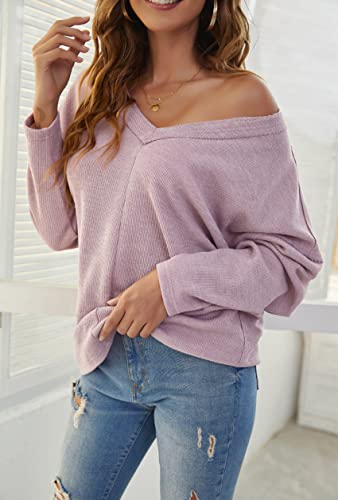 OtoñO E Invierno Moda Casual Mujer Cuello En V Color SóLido Costura Hombro CaíDo SuéTer De Manga Larga Pullover SuéTer Suelto Top Mujer