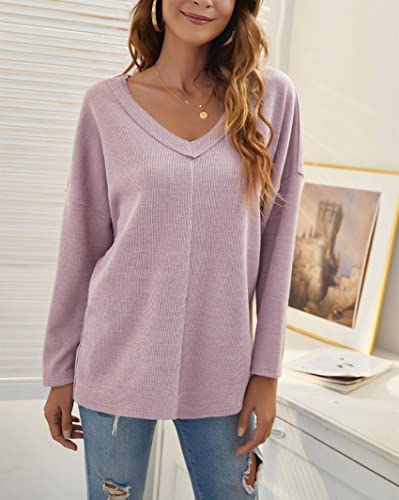 OtoñO E Invierno Moda Casual Mujer Cuello En V Color SóLido Costura Hombro CaíDo SuéTer De Manga Larga Pullover SuéTer Suelto Top Mujer