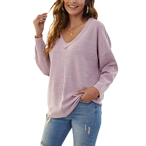 OtoñO E Invierno Moda Casual Mujer Cuello En V Color SóLido Costura Hombro CaíDo SuéTer De Manga Larga Pullover SuéTer Suelto Top Mujer