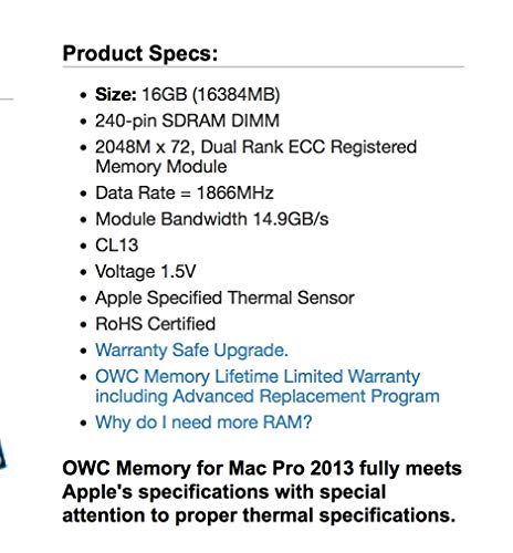 OWC OWC1866D3R9M64 64 GB 1866 MHz DDR3 ECC U-DIMM 240 Pin de Tarjetas de Memoria Interno