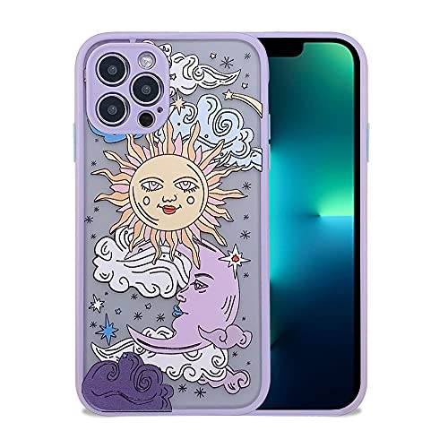 Ownest Compatible con iPhone 13 Pro Max Carcasa para Sol, Luna Dibujos Animados Transparente Mate PC Back 3D Floral y Chica Suave Silicona Bumper Case para iPhone 13 Pro Max Lila