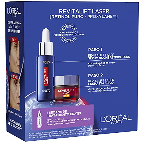 Pack L´Oréal Paris Revitalift Laser Incluye Serum Retinol y Crema Día SPF20 y 7 muestras Serum Revitalift Filler Ácido Hialurónico, Exclusivo Amazon